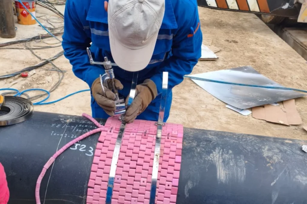 Technician performing PWHT temperature monitoring on pipeline in Iraq
